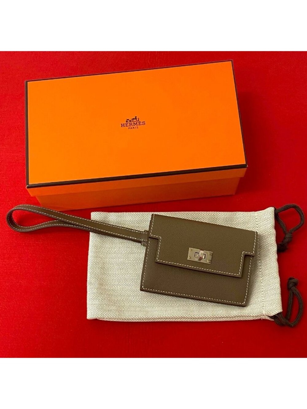Hermes Kelly Pocket Slim Wallet Veau Madame Leather Coin Purse Etoupe